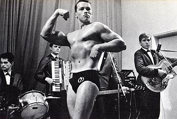 Arnold Schwarzenegger posting at age sixteen, as seen in his 1977 book The Education of a Body Builder