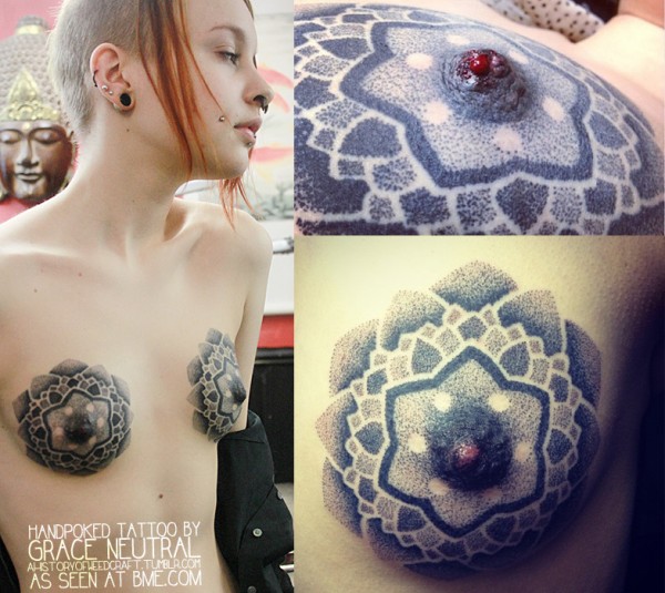 Handpoked Breast and Nipple Tattoos.